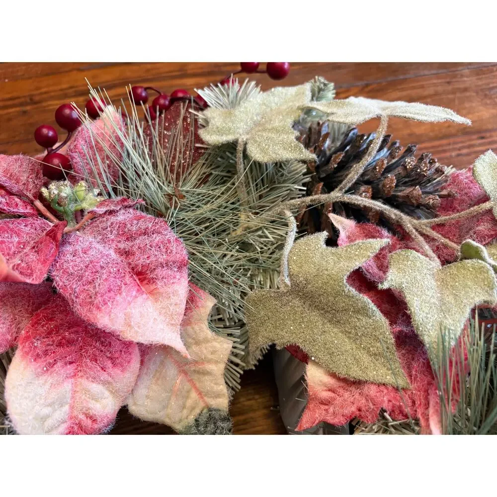 Set of 2 Handmade 19” Poinsettia Winter Wreaths with Greenery Wire Backs